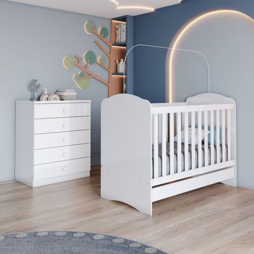 Quarto de Bebê Completo com Berço Mini Cama e Cômoda Faz de Conta Espresso Móveis Branco