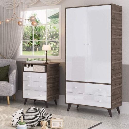 Guarda roupa de Bebê 2 Portas 2 Gavetas Retrô Móveis Percasa Carvalho/Branco