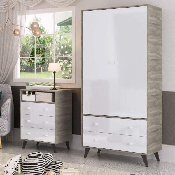 Guarda-Roupa de Bebê 2 Portas 2 Gavetas Retrô Fresno/Branco