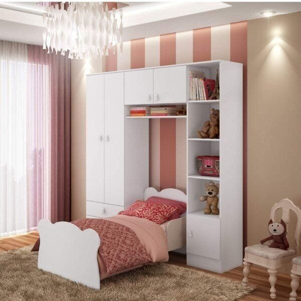 Quarto Infantil com Cama e Guarda Roupa Elysa Branco