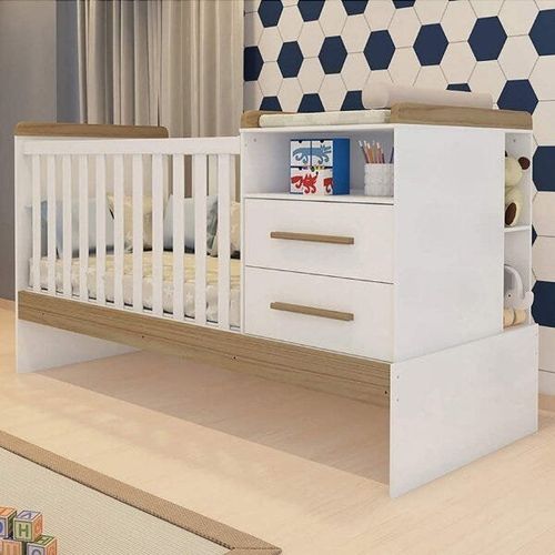 Berço Americano Multifuncional 2 Gavetas em MDF Vini Móveis Peroba Branco Brilho/Carvalho
