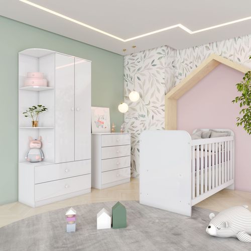 Quarto de Bebê Berço Guarda-Roupa e Cômoda Sonho Encantado Espresso Móveis Branco