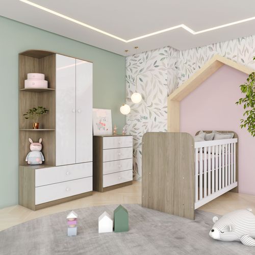 Quarto de Bebê Berço Guarda-Roupa e Cômoda Sonho Encantado Espresso Móveis Rústico/Branco