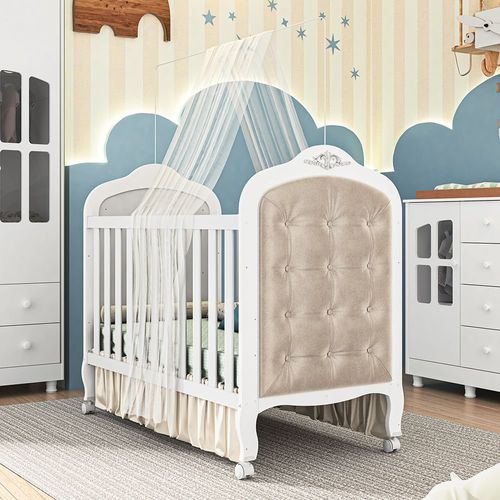 Berço Mini Cama 2 em 1 Elô com Kit Capitonê Móveis Peroba Branco