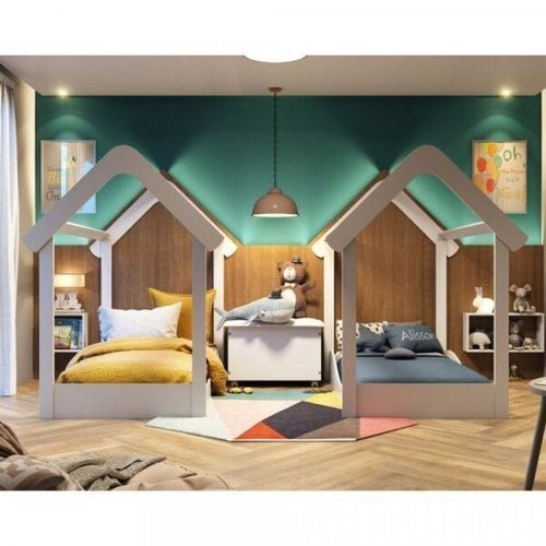 Quarto Gêmeos com nichos 2 Minicama Montessoriana Uli e 1 Bau Elo Móveis Peroba Branco