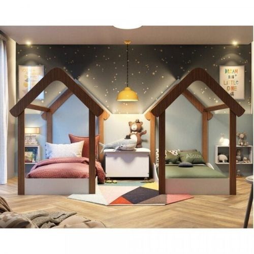 Quarto Gêmeos com nichos 2 Minicama Montessoriana Uli e 1 Bau Elo Móveis Peroba Branco/Carvalho