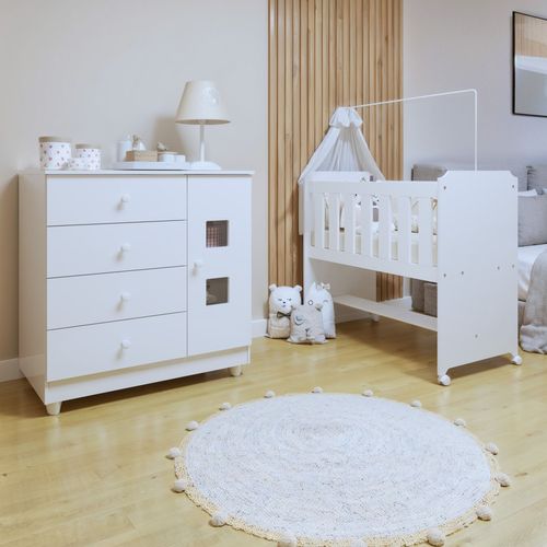 Conjunto Quarto de Bebê 100% MDF Mini Berço com Colchão e Cômoda 1 Porta 4 Gavetas Branco