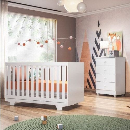 Conjunto Quarto de Bebê 100% MDF com Berço Mini Cama e Cômoda 4 Gavetas Life Branco