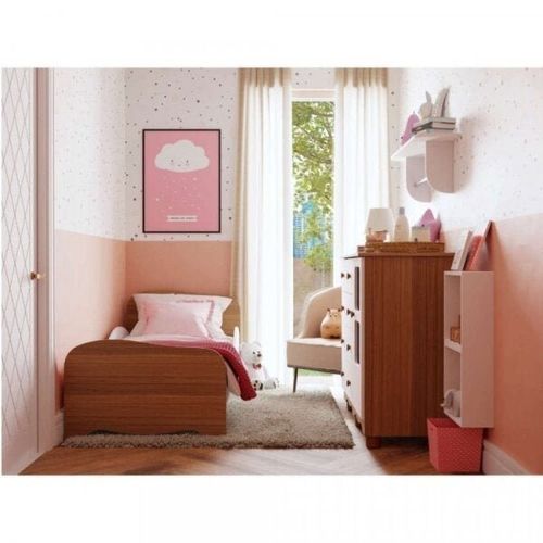 Conjunto Quarto Infantil 1 Mini Cama 1 Cômoda 2 Nichos e 1 Prateleira Espresso Móveis Branco/Carvalho