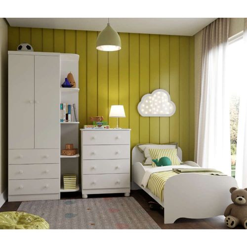 Quarto Infantil com Guarda Roupa com Prateleira Cômoda e Mini Cama 100% MDF Cambalhota Branco Brilho