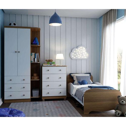 Quarto Infantil com Guarda Roupa com Prateleira Cômoda e Mini Cama 100% MDF Cambalhota Branco Brilho/Carvalho