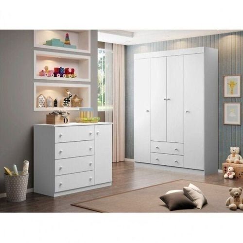 Quarto Infantil com Guarda Roupa 4 Portas 2 Gavetas e Cômoda Helena Phoenix Baby Branco