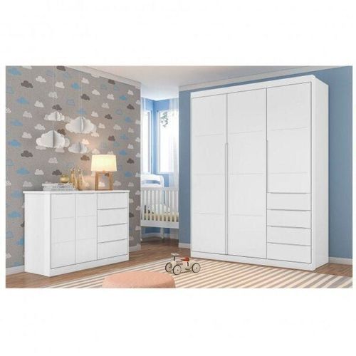 Quarto Infantil com Guarda Roupa 3 Portas 4 Gavetas e Cômoda Pérola Phoenix Baby Branco