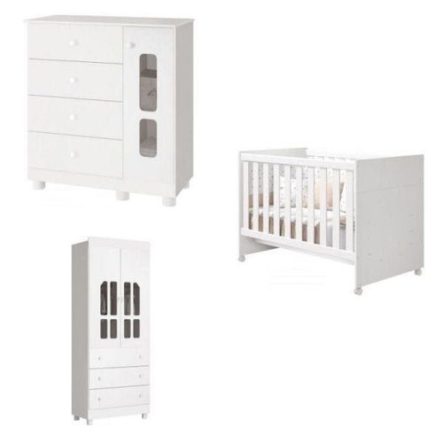 Quarto de Bebê com Berço, Roupeiro 2 Portas e Cômoda Sapateira Katatau Moveis Reller Móveis Reller Branco/Brilho