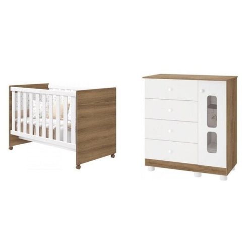 Quarto de Bebê com Berço e Cômoda Sapateira 4 Gavetas 1 Porta Katatau Móveis Reller Branco Brilho/Mezzo Fosco