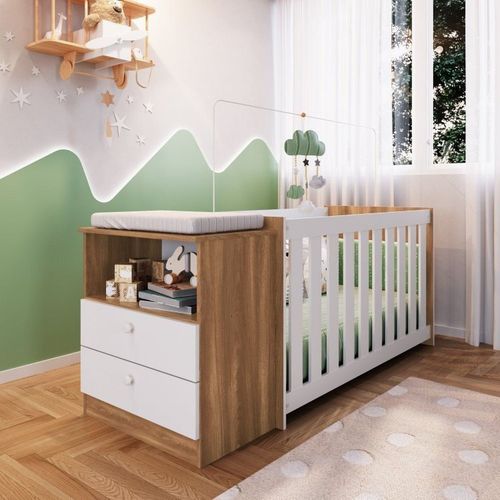 Conjunto para Quarto de Bebê com Cômoda 2 Gavetas e Berço com Colchão Aconchego Nogal Manchester/Branco