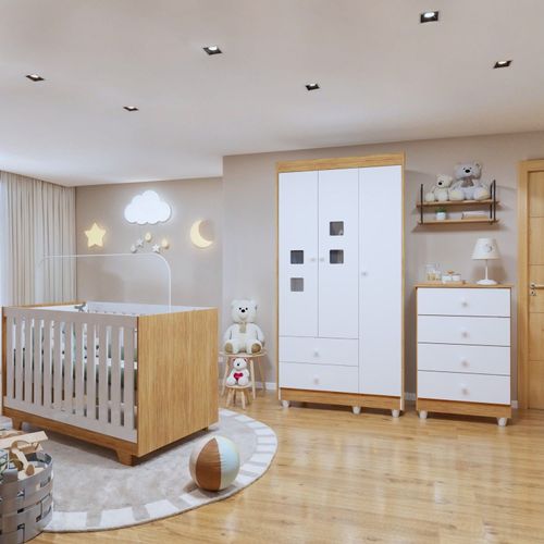 Quarto de Bebê Completo 100% MDF com Guarda Roupa, Cômoda e Berço Mini Cama Life Espresso Móveis Branco/Ypê