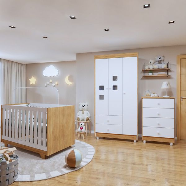 Quarto de Bebê Completo 100% MDF com Guarda Roupa 3 Portas, Cômoda e Berço Mini Cama Life Espresso Móveis Branco/Ypê