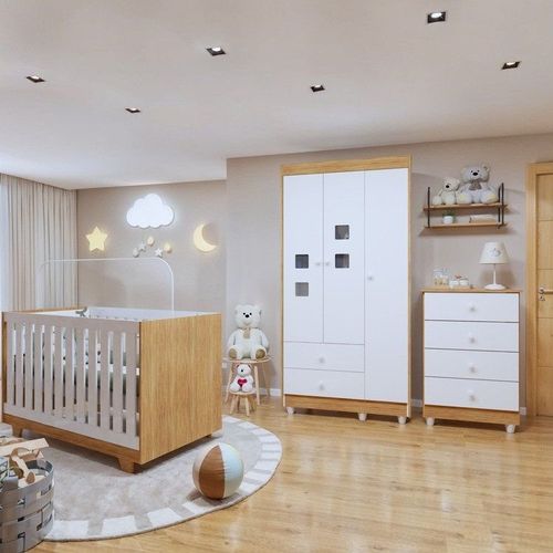 Quarto de Bebê Completo 100% MDF com Guarda Roupa 3 Portas, Cômoda e Berço Mini Cama Life Espresso Móveis Branco/Ypê