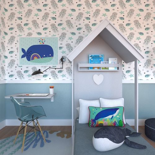 Quarto Infantil Cama Helena e Mesa Dobrável KitCubos Espresso Móveis Cinza Cristal