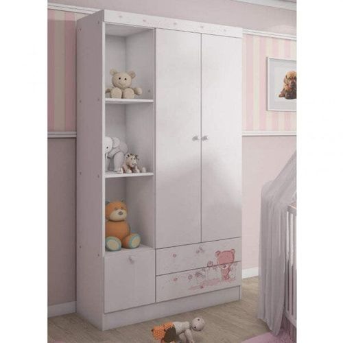 Guarda Roupa Infantil 2 Portas 3 Gavetas Kids Móveis Serpil Branco/Rosa