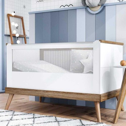 Berço Mini Cama Retrô Canção de Ninar Accesso Móbile Branco/Amêndola Rústica