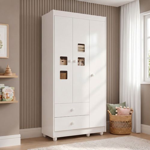 Guarda Roupa de Bebê 100% MDF 3 Portas 2 Gavetas Life Branco Branco