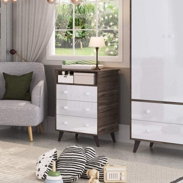 Cômoda Infantil 3 Gavetas Retrô 2041 Carvalho/Branco
