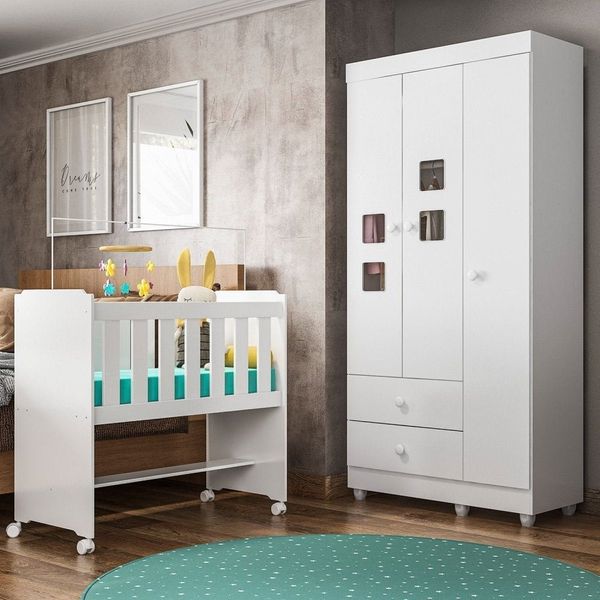 Quarto de Bebê 100% MDF com Mini Berço E Roupeiro Life 3 Portas Branco