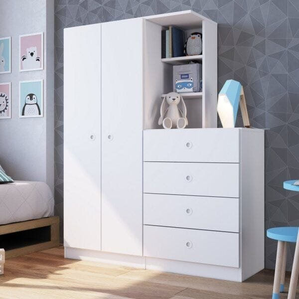 Guarda-Roupas Solteiro Infantil/Juvenil 2 Portas E Cômoda 4 Gavetas Montessoriano Meu Fofinho Branco