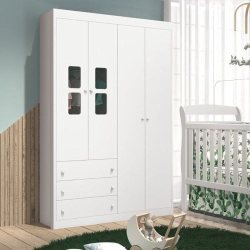 Guarda Roupas Infantil 4 Portas 3 Gavetas Joãozinho Móveis Reller Branco Brilho