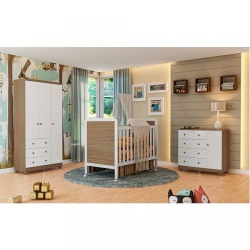 Quarto Infantil com BerçoMini Cama Cloe, Guarda Roupa 3 Portas e Cômoda Junior Móveis Peroba Branco/Carvalho