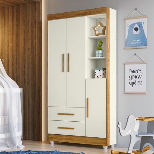 Guarda Roupa Infantil 100% MDF Flocos 3 Portas 2 Gavetas Off White/Ypê