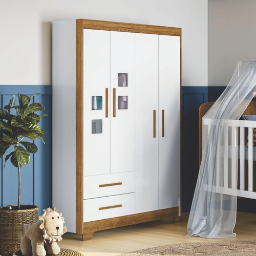 Guarda Roupa de Bebê 100% MDF 4 Portas 2 Gavetas Fly Flex Color Branco/Ypê/Branco