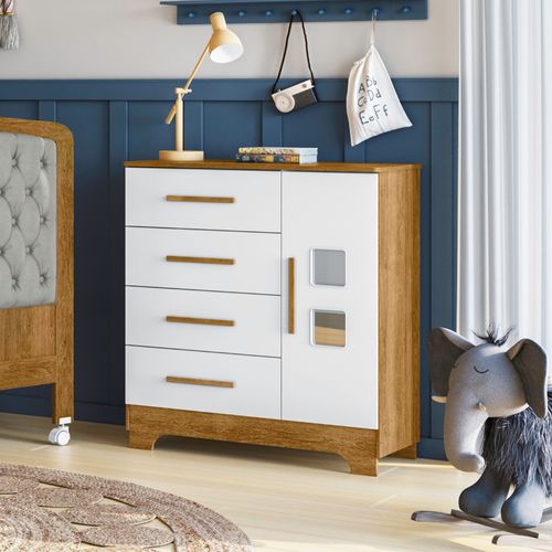 Cômoda 4 Gavetas 1 Porta Fly 100% MDF Branco/Madeirado Ypê