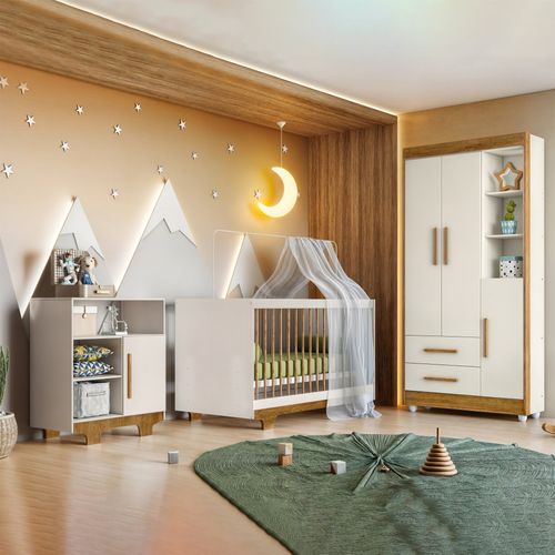 Quarto de Bebê 100% MDF com Berço Minicama, Cômoda e Guarda Roupa 3 Portas Flocos Off White/Ypê