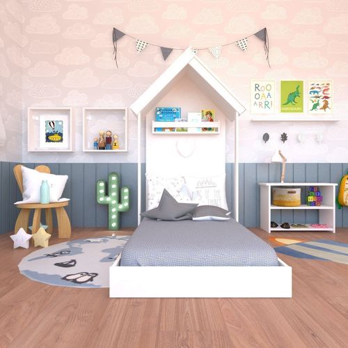 Quarto Infantil Cama Banqueta 2 Nicho e Prateleira Bramov Móveis Branco