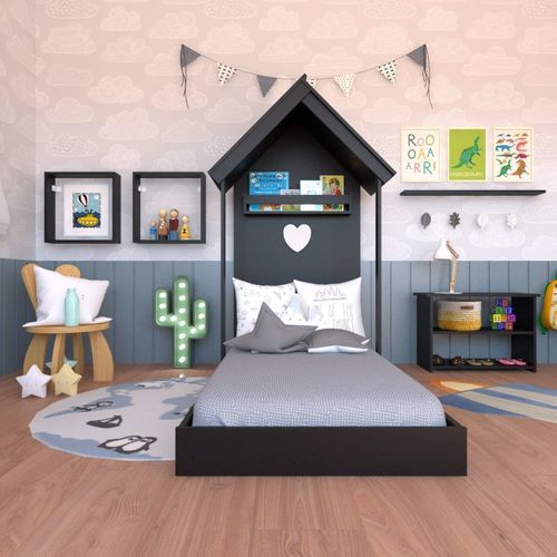 Quarto Infantil Cama Banqueta 2 Nicho e Prateleira Bramov Móveis Preto