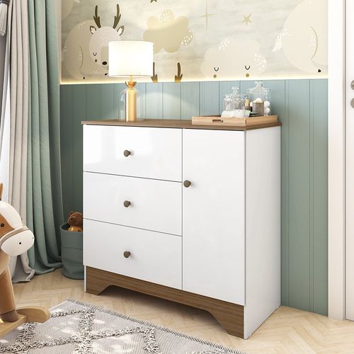 Cômoda Infantil 1 Porta e 3 Gavetas 100% MDF Cocada Branco Brilho/Carvalho