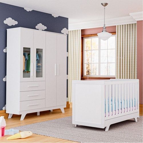 Quarto de Bebê Guarda Roupa 4 Portas 3 Gavetas Berço Retrô Móveis Peroba Branco Brilho