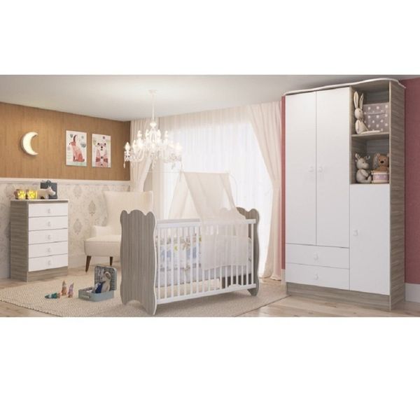 Quarto de Bebê Completo com 1 Berço 1 Cômoda 1 Guarda Roupa Leãozinho Fresno/Branco