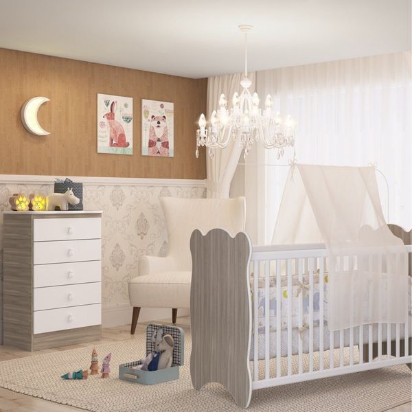 Quarto de Bebê Completo 1 Berço 1 Cômoda Pirulito Fresno/Branco