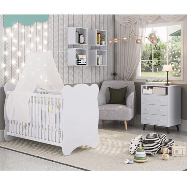 Quarto de Bebê Completo com 1 Berço e 1 Comoda Pipoca Branco