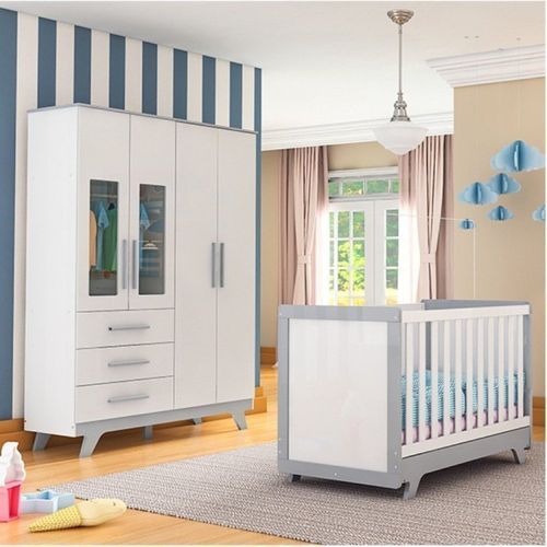 Conjunto para Quarto de Bebê com Guarda Roupa com Janela em Acrílico e Berço Retrô Móveis Peroba Branco Brilho/Cinza