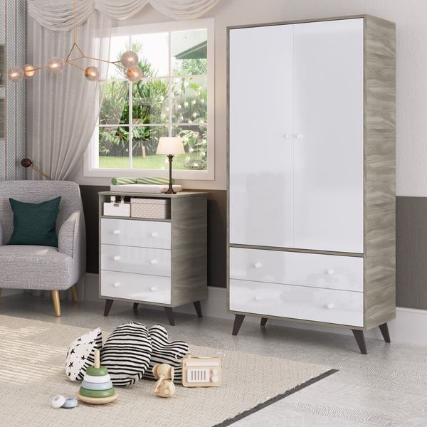 Quarto De Bebê Completo Roupeiro 2 Portas 2 Gavetas Com Cômoda 3 Gavetas 1 Nicho Nuvem Fresno/Branco