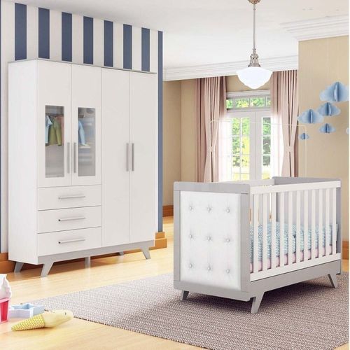 Conjunto para Quarto de Bebê com Guarda Roupa com Janela e Berço com Capitone Retrô Móveis Peroba Branco Brilho/Cinza/Corino Branco