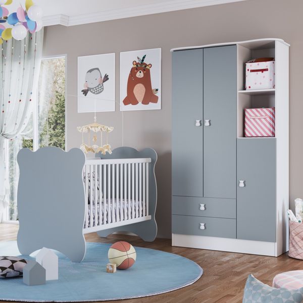 Quarto De Bebê Completo Berço Com Guarda Roupa 3 Portas 2 Gavetas 2 Nichos Algodao Doce Branco/Azul