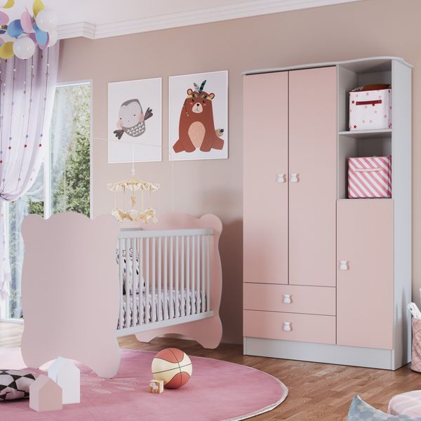 Quarto De Bebê Completo Berço Com Guarda Roupa 3 Portas 2 Gavetas 2 Nichos Algodao Doce Branco/Rosa
