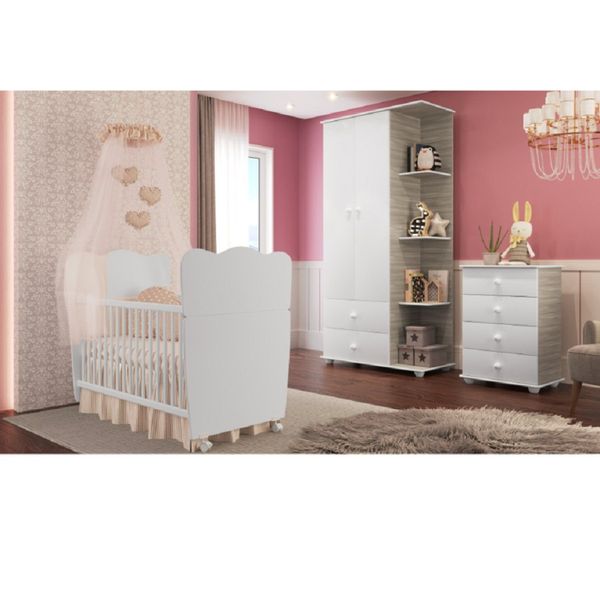 Quarto de Bebê Completo com 1 Berço Cama 1 Roupeiro 1 Cômoda Sol Fresno/Branco