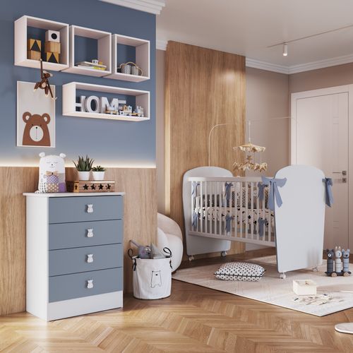 Quarto de Bebê Completo Cômoda 4 Gavetas com Berço Céu Móveis Percasa Branco/Azul